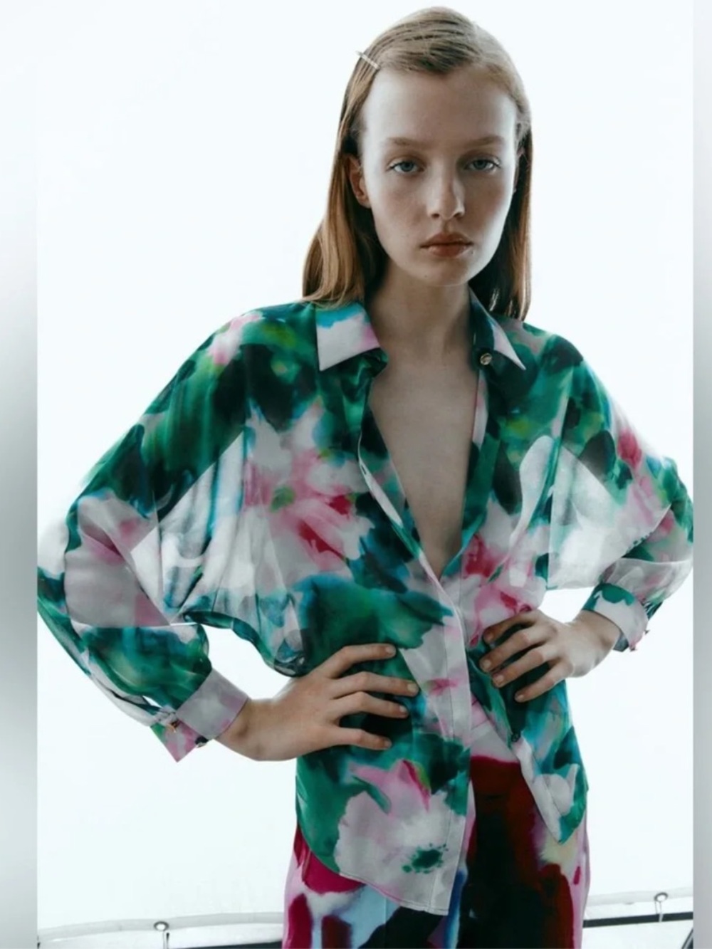 NWT Zara Floral Semi Sheer Blouse Chiffon Button Down